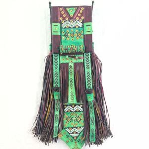 Tuareg Handmade Fringe Leather Tribal Pouch Brown / Teal